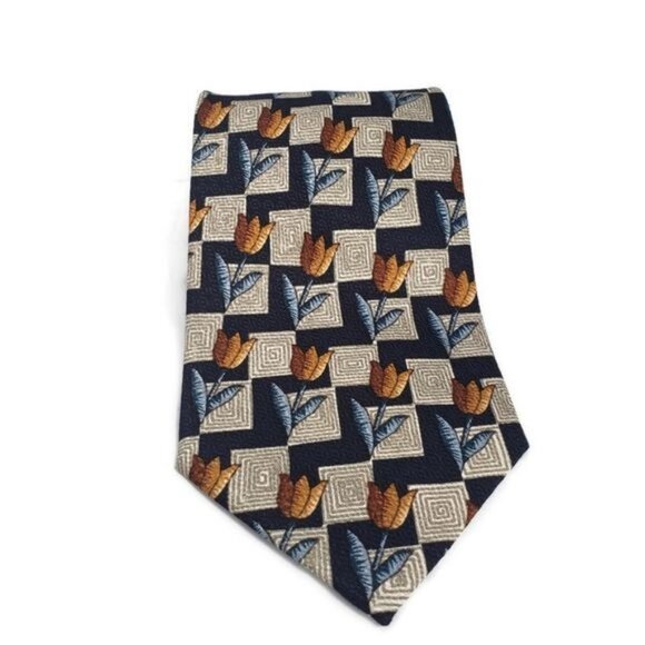 Nina Ricci Paris Silk Tie With Geometric & Tulip Pattern In Navy & Gold Colors - Picture 2 of 6